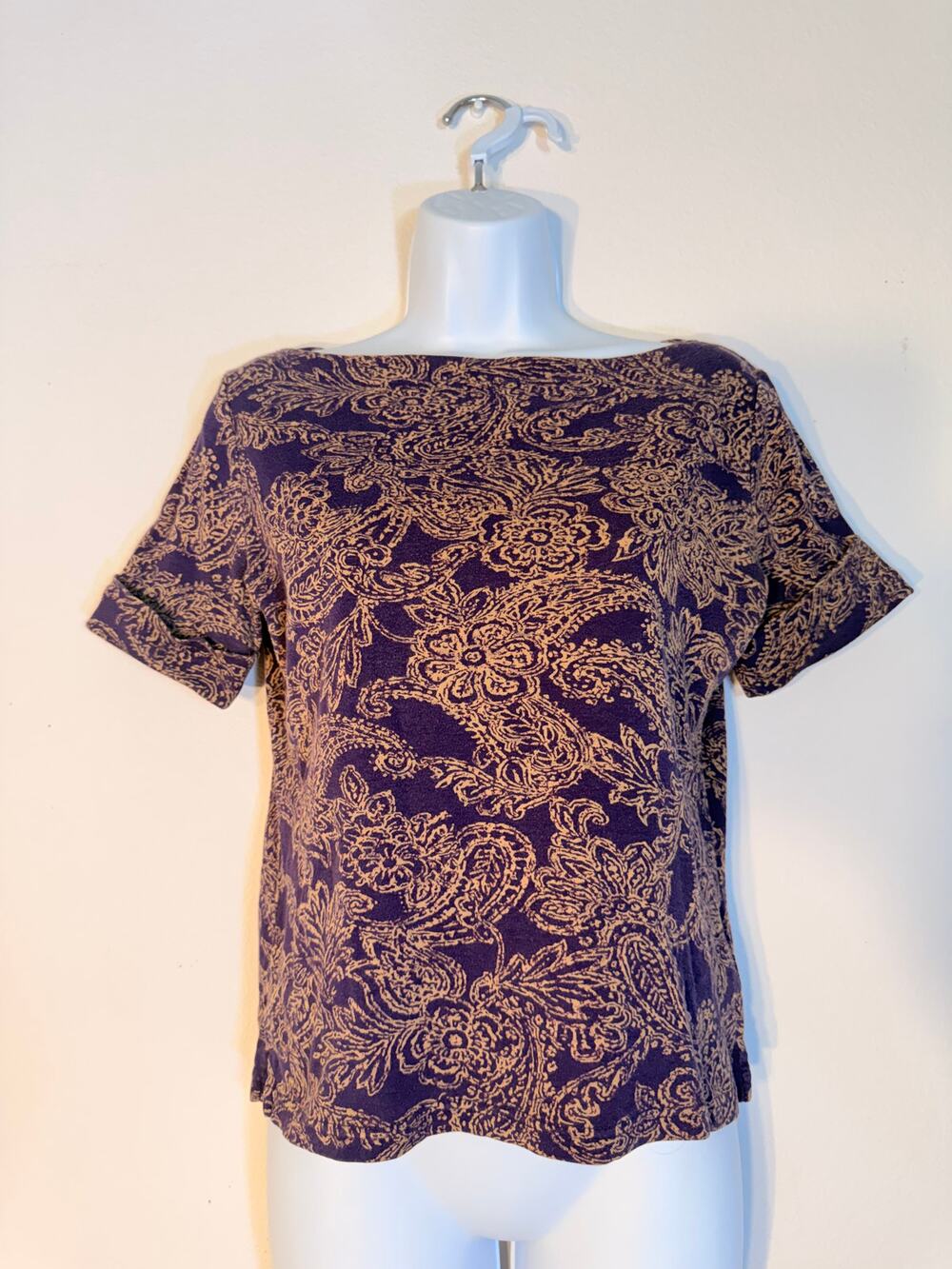 Lauren Ralph Lauren Petite Paisley Top Size PS Purple Tan Boat Neck Shirt